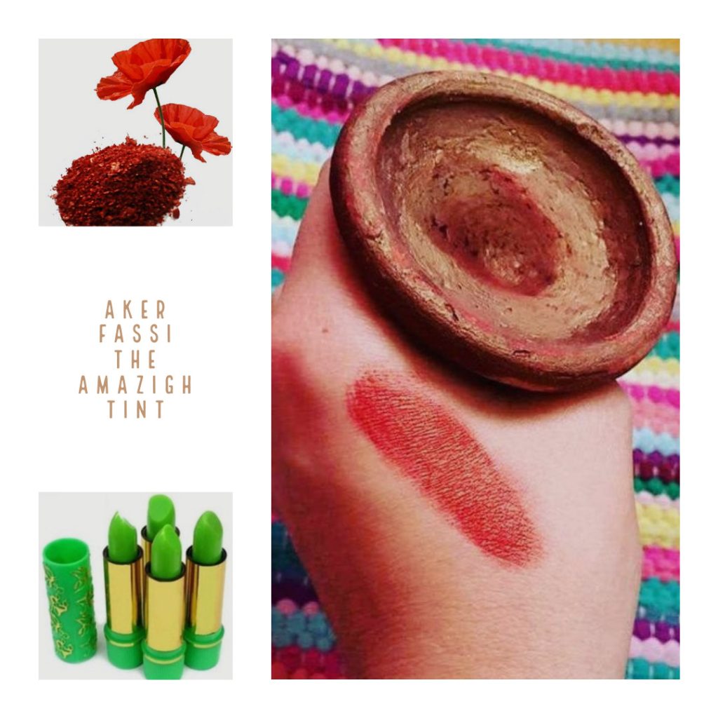 Different forms of using Aker Fassi : solid Lipstick, powder, and clay pot